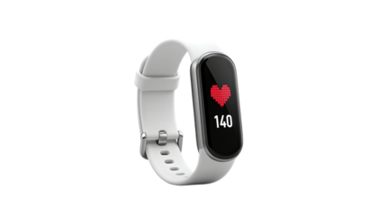 White smartwatch displaying heart rate of 140
