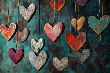 A collection of vibrant, handcrafted wooden hearts suspended on strings against a textured background, creating a whimsical and artistic display.