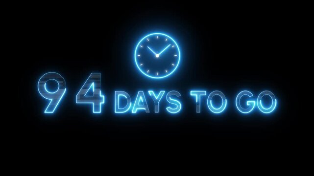 94 Days to go animation. Timer clock icon.  Neon counting days. Neon countdown timer.