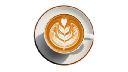 Latte art in a cup isolated on transparent PNG, coffee drink with heart and leaf pattern for cafe menu and beverage design