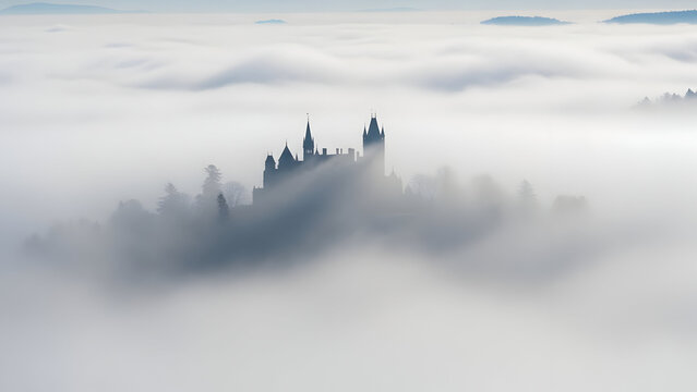 Majestic Historic Castle Emerging from a Sea of Fog and Clouds, Ethereal Aerial View of Ancient European Architecture