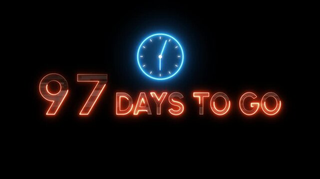 97 Days to go animation. Timer clock icon.  Neon counting days. Neon countdown timer.