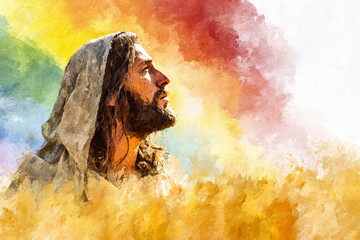 Portrait of a man with long hair and beard, surrounded by vibrant colors representing faith and spirituality
