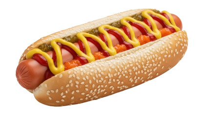 Delicious hot dog with mustard and ketchup isolated PNG, classic American fast food with sesame bun on transparent background