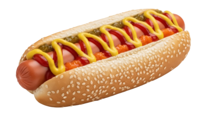 Delicious hot dog with mustard and ketchup isolated PNG, classic American fast food with sesame bun on transparent background