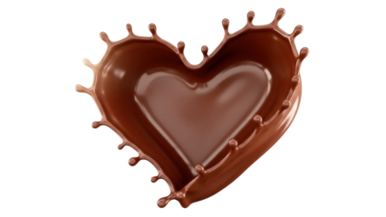 Chocolate heart splash isolated PNG on transparent background, sweet dessert love symbol for Valentine s Day and romantic designs