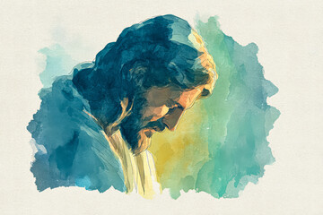Watercolor illustration of a contemplative figure representing faith and spirituality in serene colors