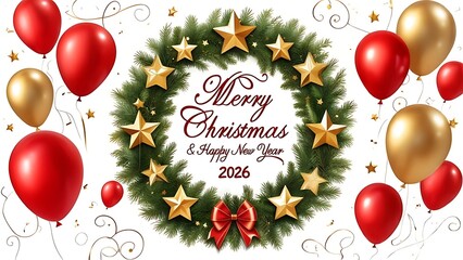 A festive holiday greeting featuring a wreath with gold stars, balloons, and a "Merry Christmas" message