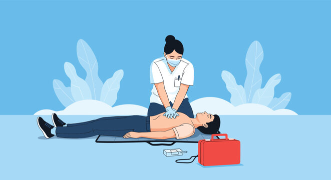 A female paramedic in uniform and a face mask performs CPR chest compressions on an unconscious man to save his life.