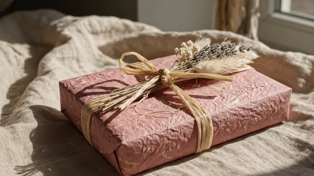 Pink handmade gift box for Mothers Day, beautifully decorated with dried flowers and raffia ribbon, illuminated by natural sunlight for a special present.