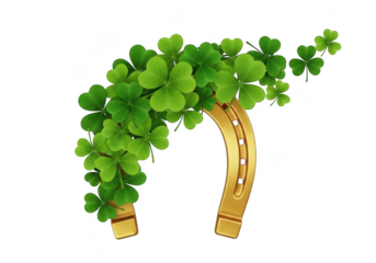 A gold horseshoe with green clovers isolated on white background