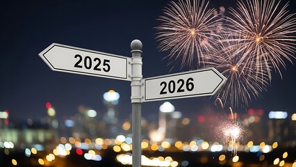 New year celebration with signpost pointing to 2025 and 2026