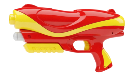 Red and yellow water gun isolated PNG, summer toy for kids to play and have fun in the pool or at the beach on transparent background