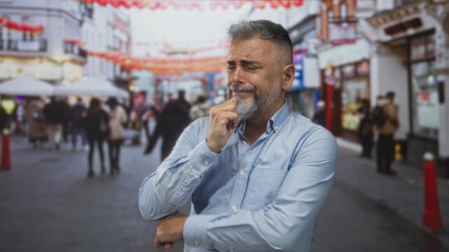 Man with hand on chin touching his face in a crowded city street, wearing light shirt and beard; thoughtful doubt.