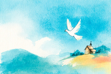 Watercolor illustration of a dove flying over a serene landscape with a small church on a hill