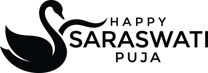 Happy Saraswati Puja greeting with elegant black swan silhouette and modern typography for Hindu festival cad drawing flat vector illustration minimalist icon design © Amol Chandra