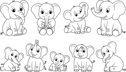 Fototapeta premium Eight cartoon elephants in various poses and expressions black and white line