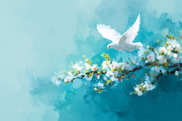 White dove flying over blossoming branch in serene blue background symbolizing peace and faith