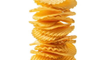 Stack of golden rippled potato chips isolated PNG on transparent background, crispy snack food for junk food and party concepts