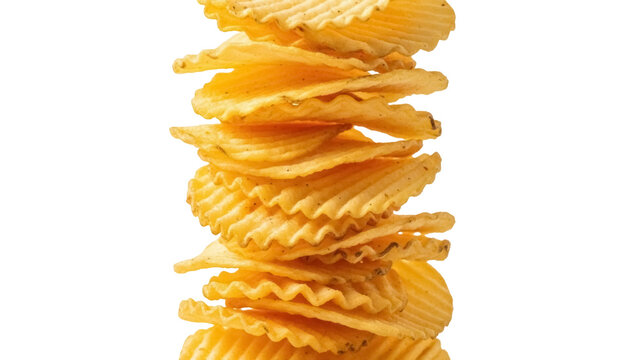 Stack of golden rippled potato chips isolated PNG on transparent background, crispy snack food for junk food and party concepts