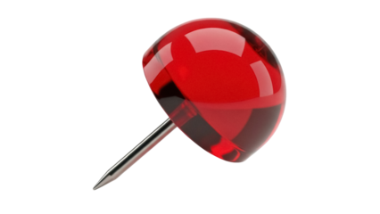Red push pin isolated PNG on transparent background, office supply for bulletin boards and notice boards Stationery item for pinning notes
