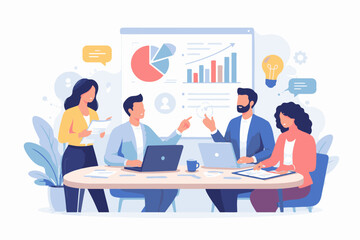 A team collaborating during a business presentation, brainstorming ideas with charts