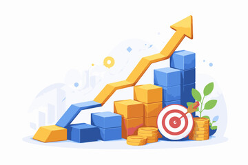 Illustrative financial growth with graph, bar chart, targets and coins 