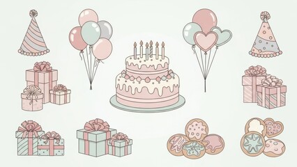 Charming pastel birthday celebration elements with cake, gifts, and cookies