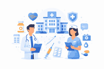 Medical professionals in front of a hospital, showcasing healthcare symbols 