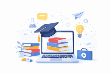 Online learning concept, depicting books, a graduation cap, and a laptop with educational elements, symbolizing knowledge and the digital era