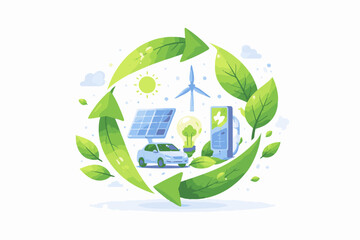 Illustration showcasing eco-friendly practices with wind turbine, solar panel, and electric vehicle within a recycling symbol 