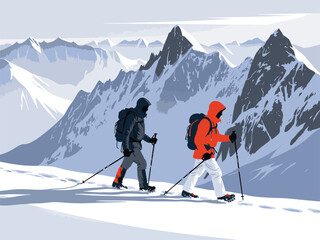 Winter mountain trekking adventure with two hikers and majestic peaks