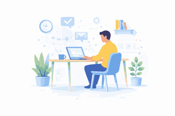 A person working diligently at a desk, with a laptop, plants, and other work elements around him. The person is focused on the computer