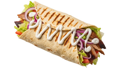 Delicious chicken shawarma wrap isolated PNG, with fresh vegetables and creamy sauce on a transparent backdrop for food photography © Sophie
