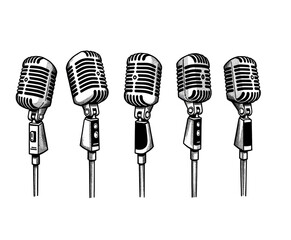 A row of vintage microphones against a transparent background
