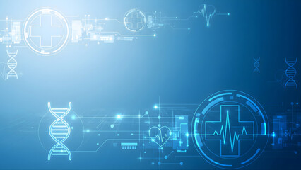 Abstract futuristic healthcare background featuring glowing medical icons, DNA helix and heartbeat line in clean blue tones. Ideal for medical websites, presentations, banners, and health technology b