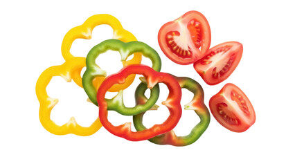 Colorful bell pepper slices and tomato halves isolated PNG, fresh vegetables on transparent background for cooking and healthy eating concepts