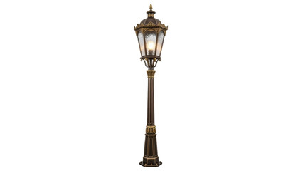 Vintage bronze street lamp PNG isolated on transparent background, ornate outdoor lighting fixture for garden and park decoration