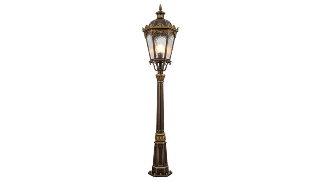 Vintage bronze street lamp PNG isolated on transparent background, ornate outdoor lighting fixture for garden and park decoration