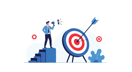 A businessman with a megaphone announces a marketing goal as an arrow hits the bullseye of a large target, indicating success.