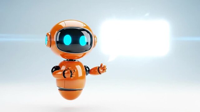 AI chatbot robot holds blank message bubble on minimalist background