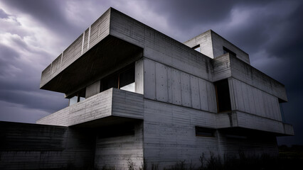 Brutalist Concrete Building Under a Dark, Dramatic, Stormy Sky with an Eerie Ambiance.