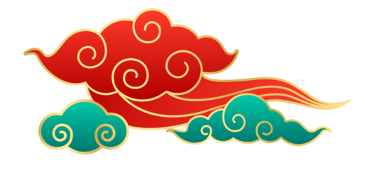 Stylized Asian Ornamental Cloud Element with Red and Turquoise Color Palette