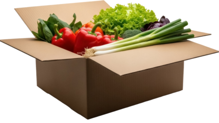 Fresh vegetables in cardboard box isolated PNG, healthy eating concept with red peppers, spinach, lettuce, broccoli, and green onions