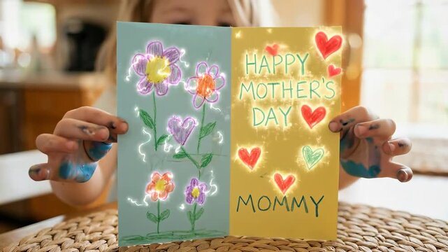 Child showing a handmade Happy Mothers Day card with glowing hearts and flowers, for a holiday celebration