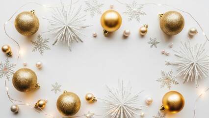 Golden Christmas ornaments and snowflakes on white background with fairy lights