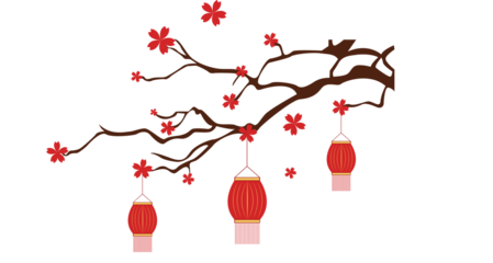 Flat Style Hanging Lantern and Blooming Branch for Lunar New Year Decoration
