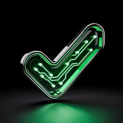 check mark 3d neon green circuit board design in chrome frame on solid black background