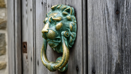 Close-Up of an Ornate Oxidized Copper Lion Head Door Knocker on a Weathered Wooden Door.