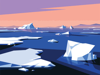Minimalist graphic illustration of icebergs and ice floes in a polar ocean at twilight © StockStudio